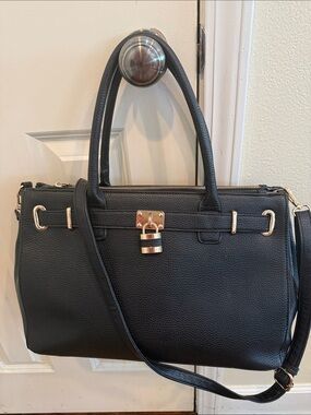 Black Satchel Handbag with Gold Padlock Accent